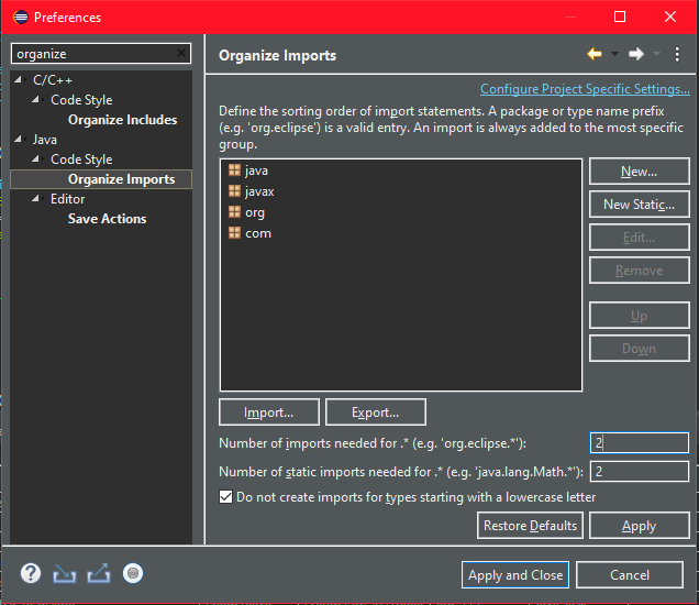 Organize Imports preferences on Eclipse