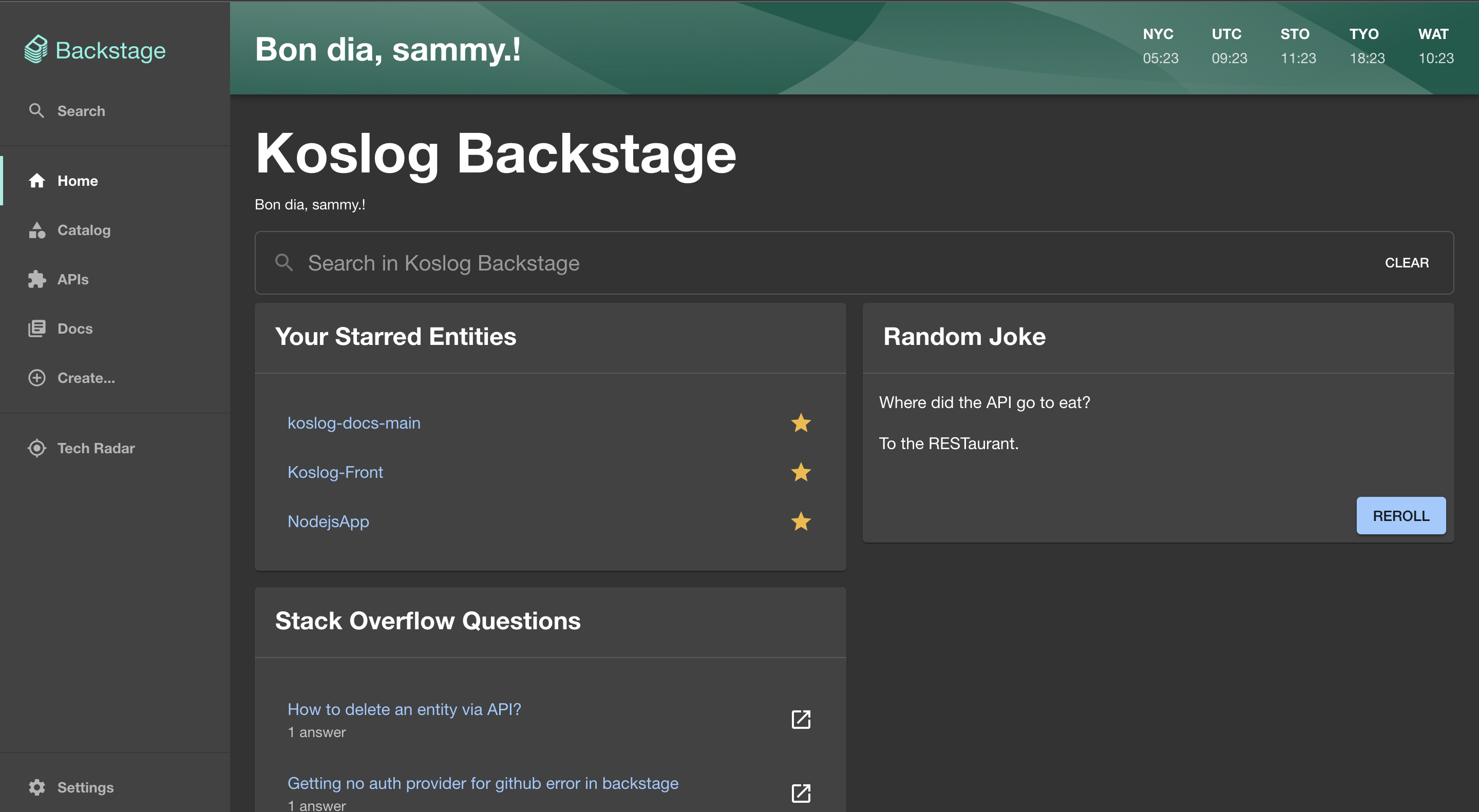 Home page of a Backstage app