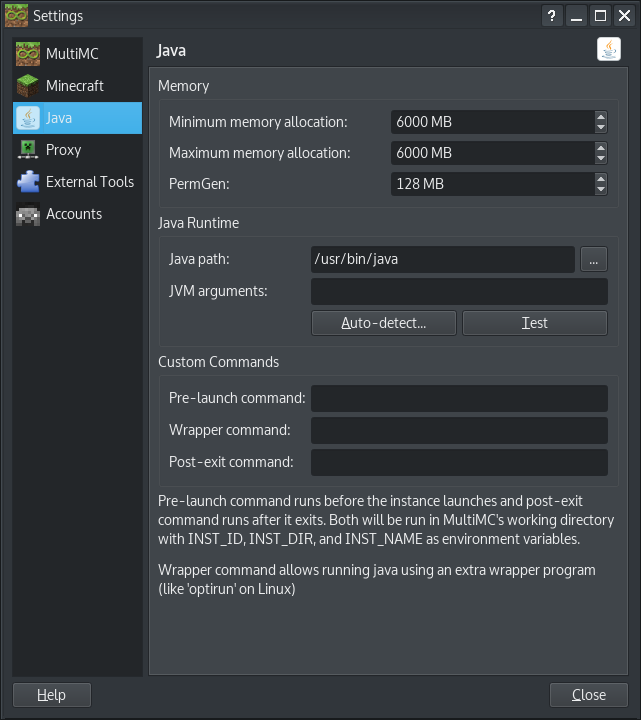 Example memory settings