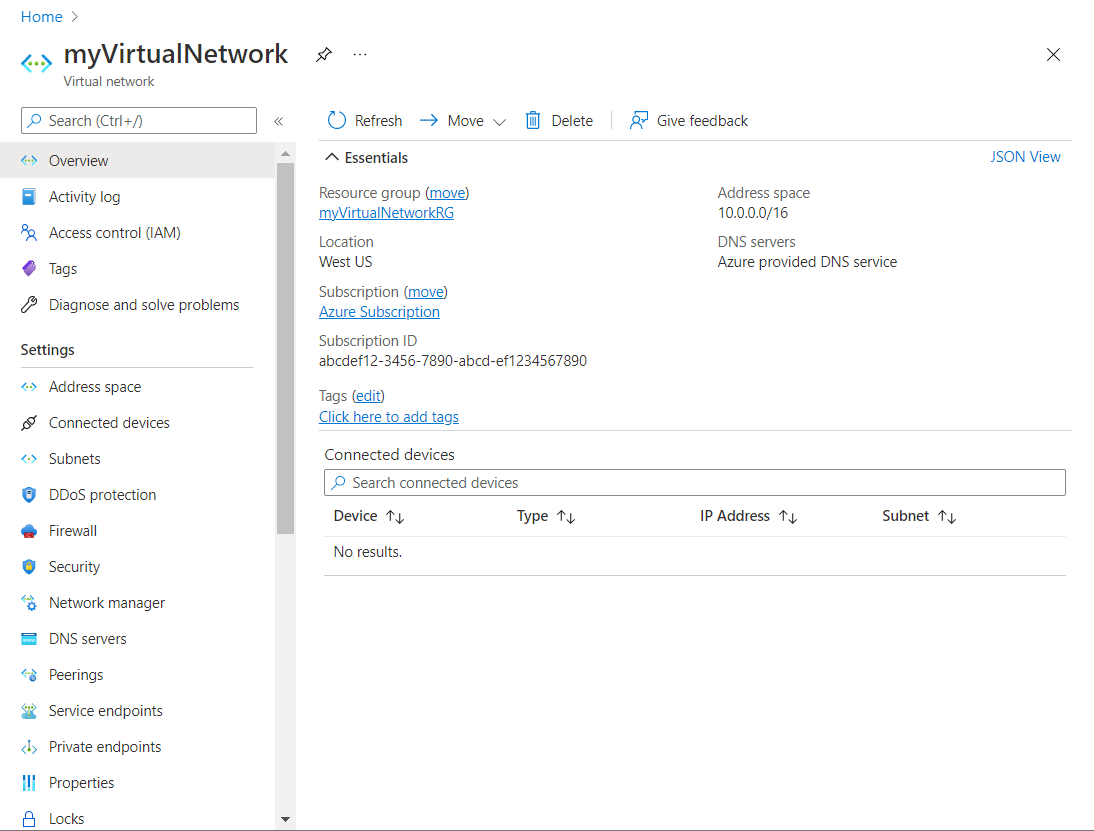 Screenshot of the Azure portal showing an example pane for configuring a virtual network.