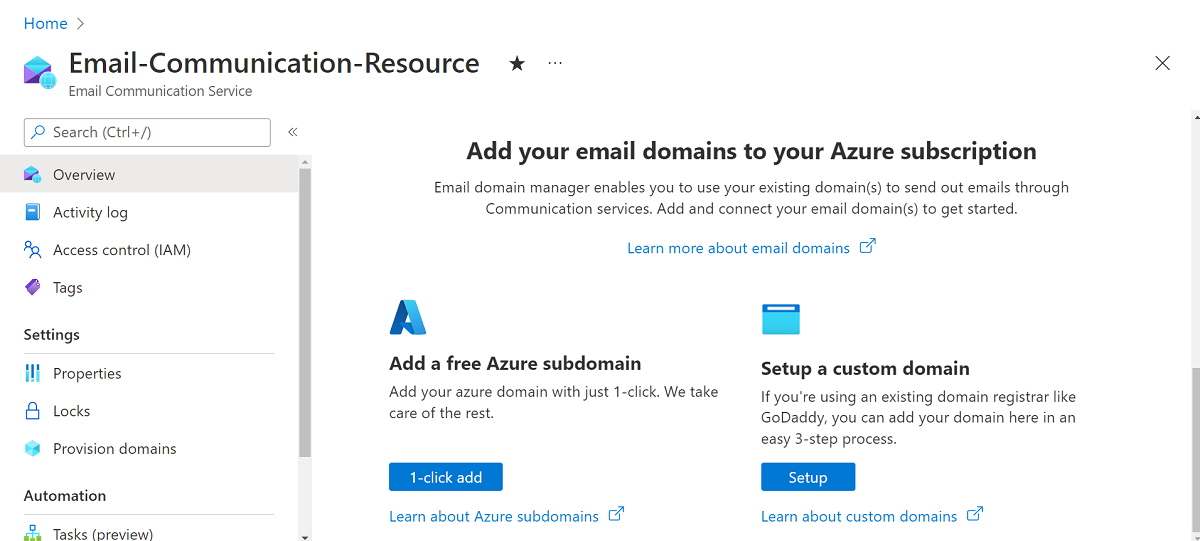 Screenshot showing the overview of Email Communication Service resource