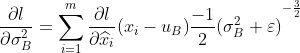 $${{\partial l} \over {\partial \sigma B^2}} = {\sum\limits{i = 1}^m {{{\partial l} \over {\partial {{\widehat x}_i}}}({x_i} - {u_B}){{ - 1} \over 2}(\sigma _B^2 + \varepsilon )} ^{ - {3 \over 2}}}$$