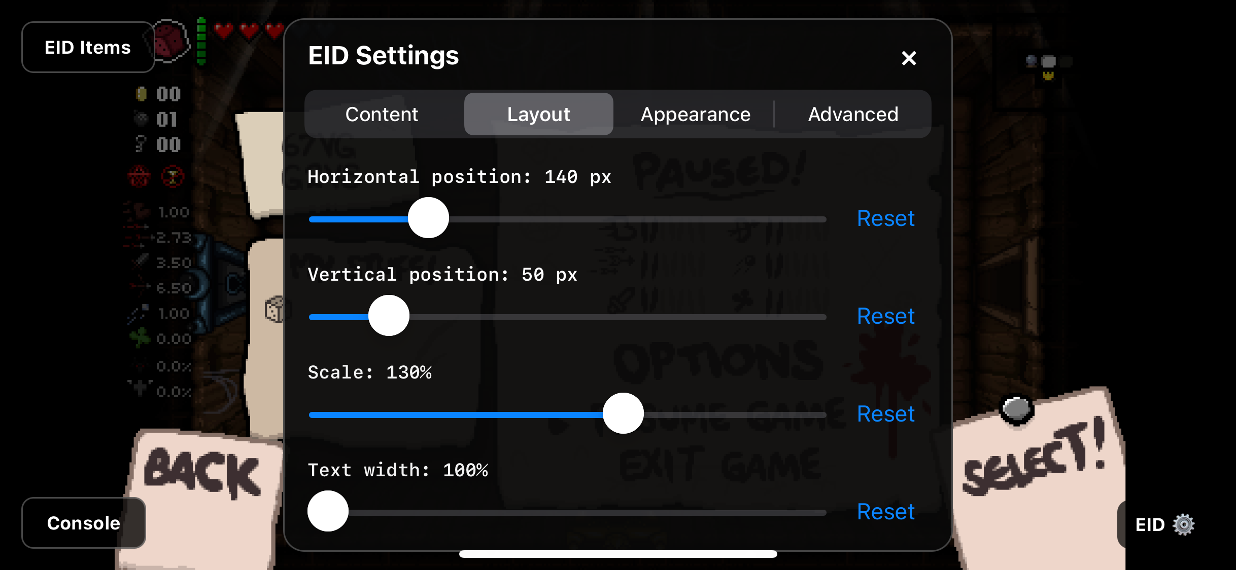 Adjust position, scale and text width. Every slider has an individual Reset button.