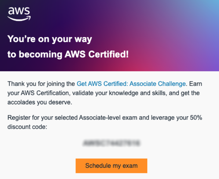 Get AWS Certified: Associate Challenge email with voucher code