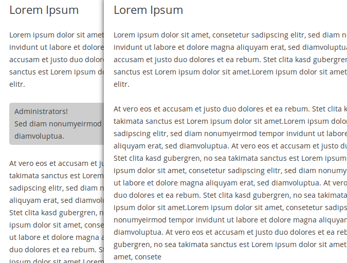 2. The shortcode in action. On the left, the text revealed to Administrators only; on the right, the page as seen by lower roles (Editors, Authors, etc., or simply readers).