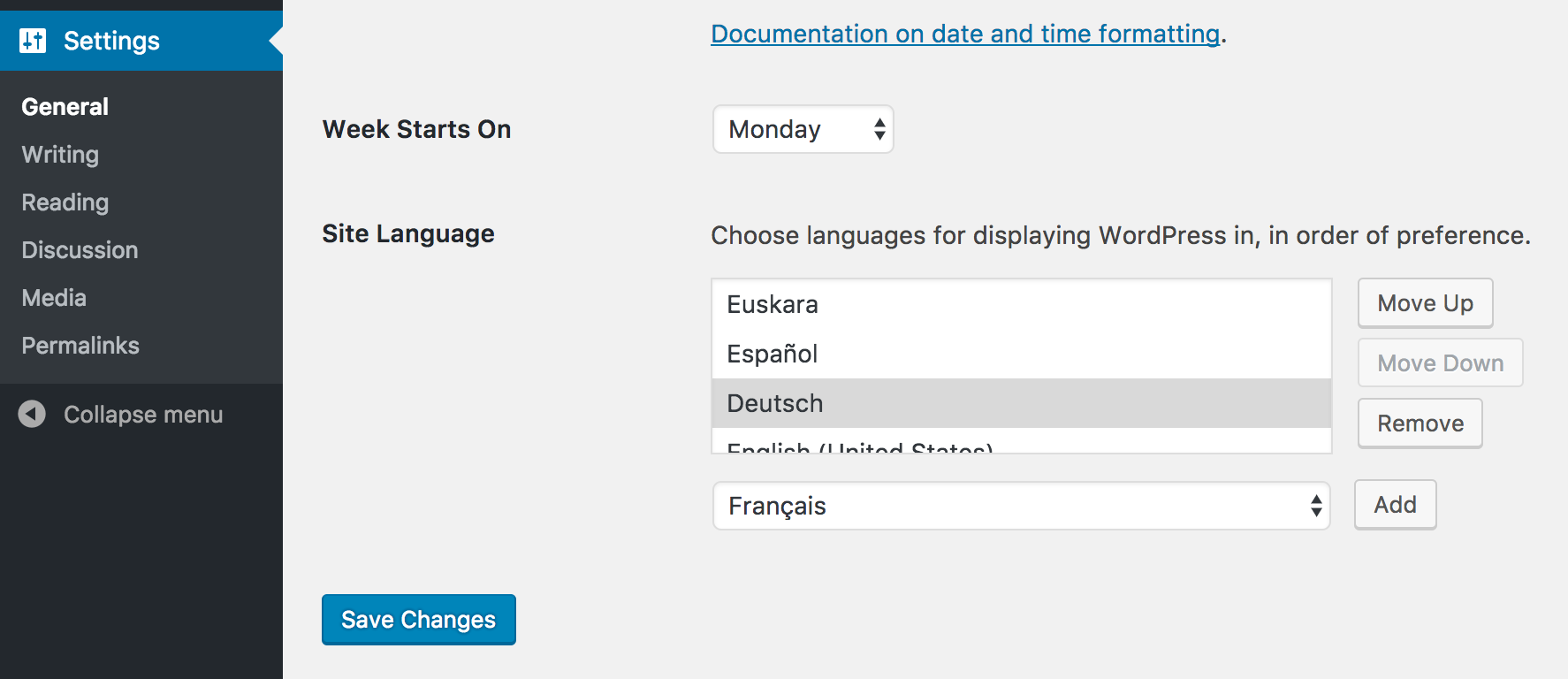 Preferred Languages: Settings Section