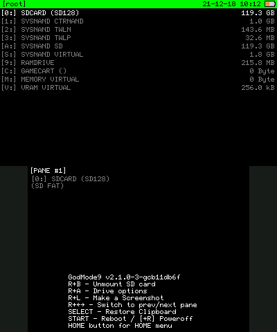 GodMode9 root screen