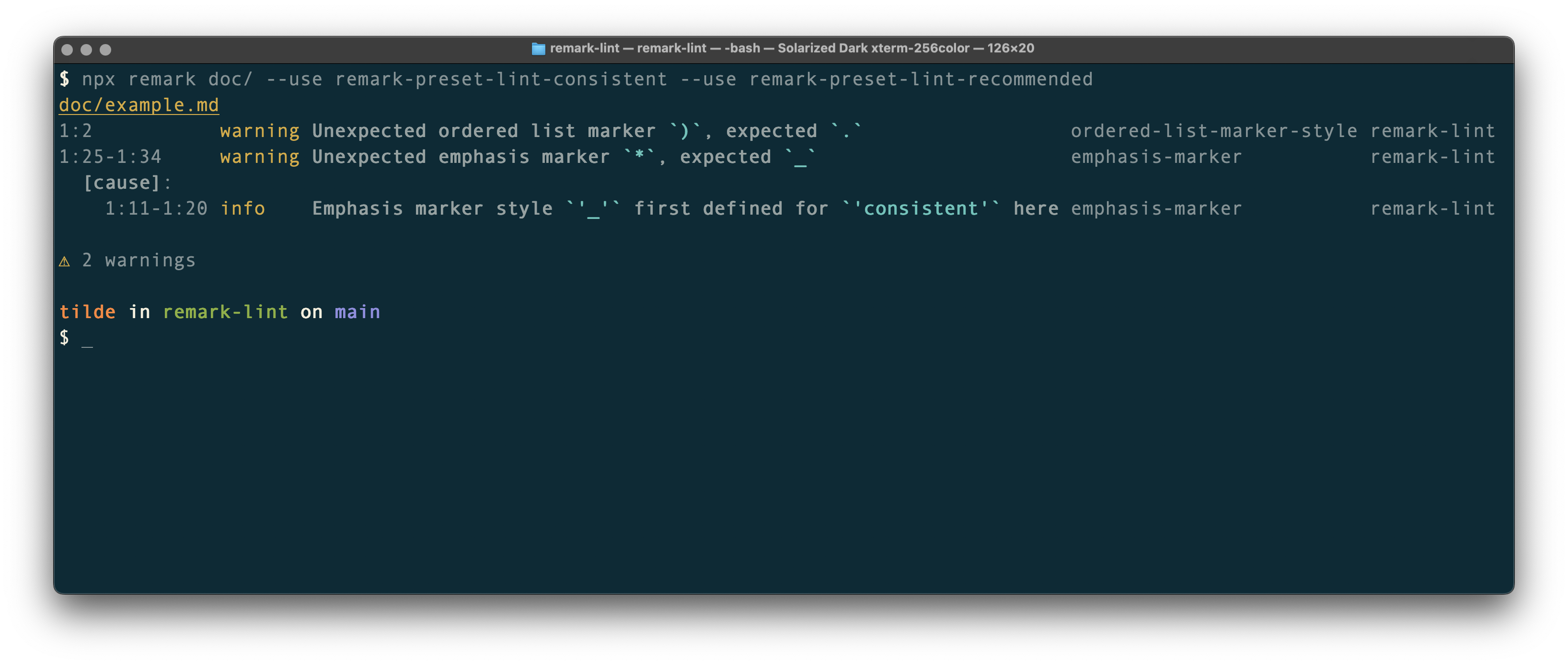 Example of how remark-lint looks on screen