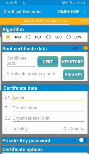 x509 Certificate KeyStore Generator running on Android.