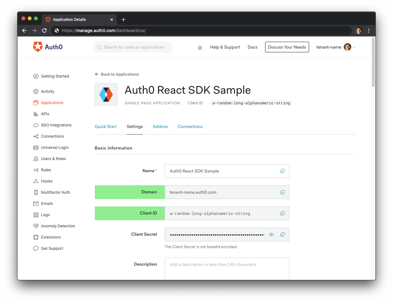 Auth0 Application Settings from the Auth0 Dashboard