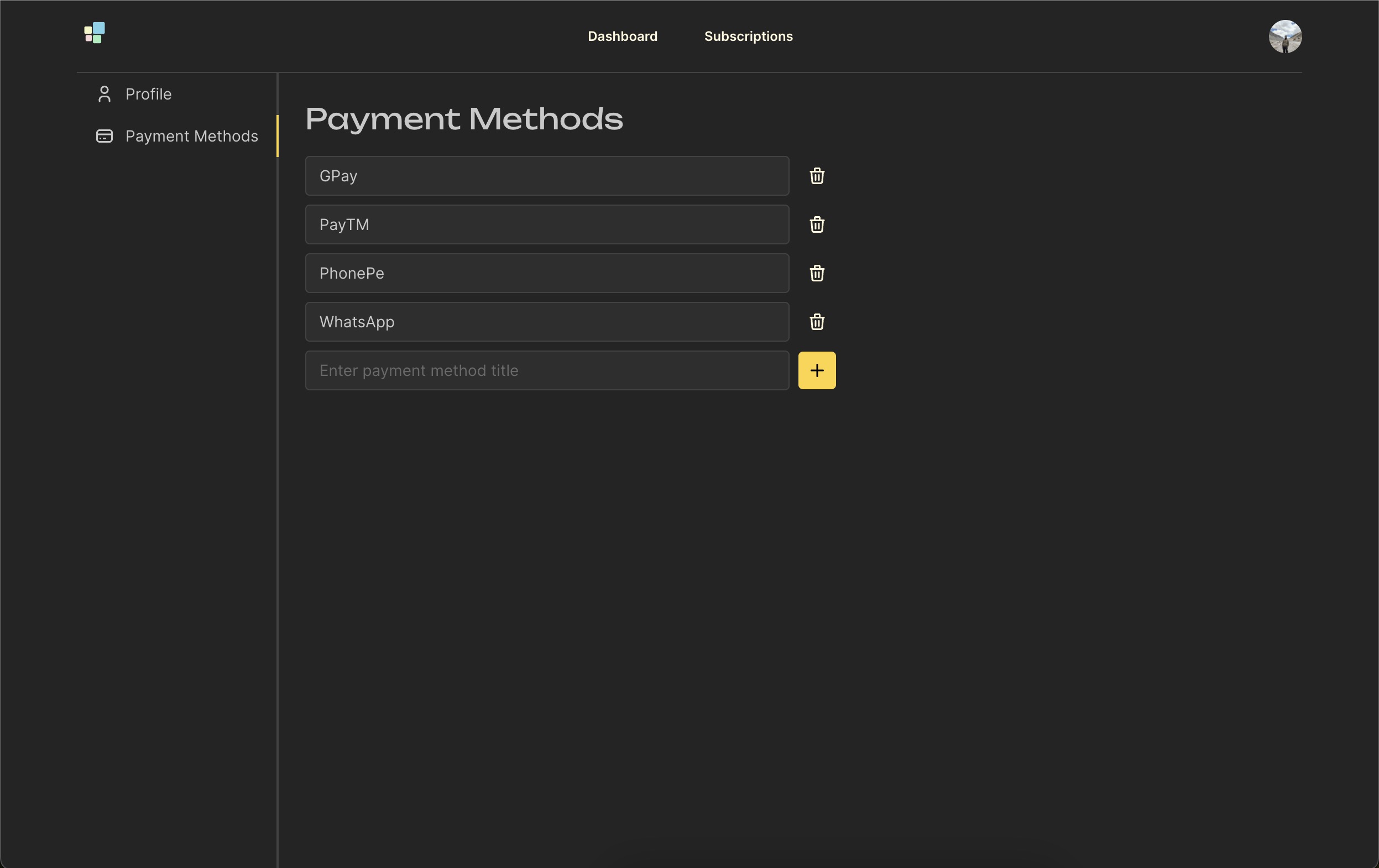 Settings: Payment Methods