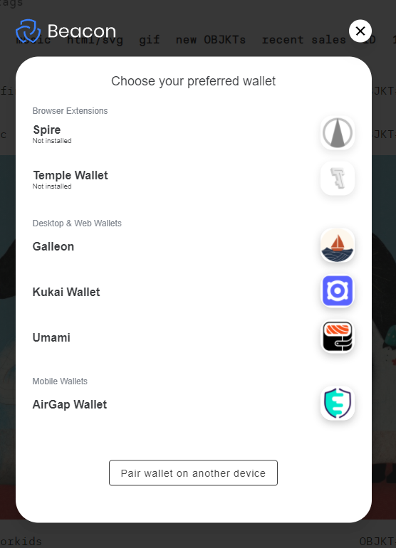Beacon wallet popup (choose your wallet)