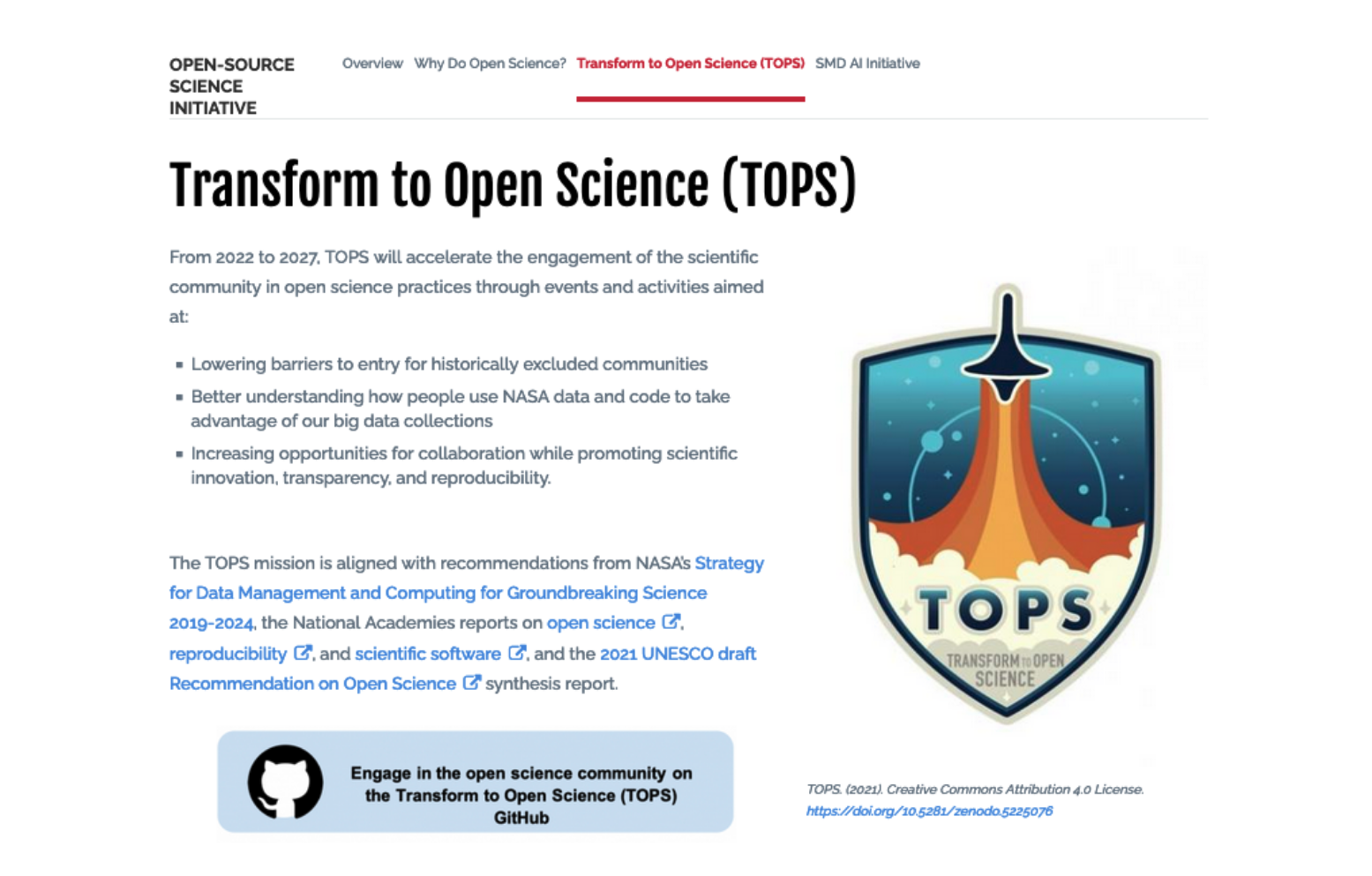 Alt:Screenshot of Transform to Open Science program with NASA logo