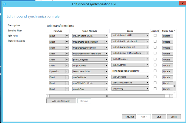 Screenshot showing TargetAddress mapped through in Synchronization Rules Editor