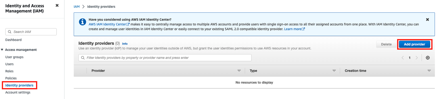 AWS console IAM add identity provider