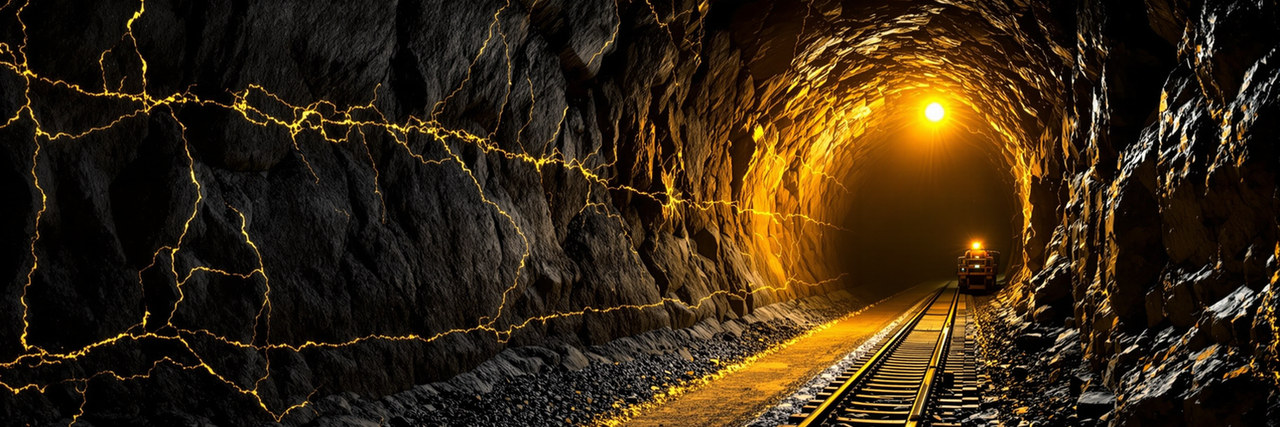 An underground adit. Rock walls threaded with gold seams, a single headlamp at the end of a straight shaft, and an orecart standing on the rails.