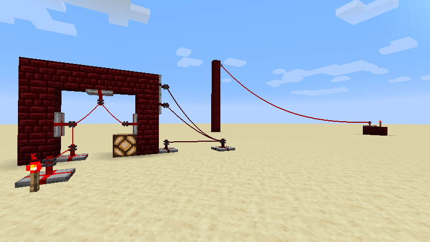 Image of blockless redstone wires being draped across moderate distances