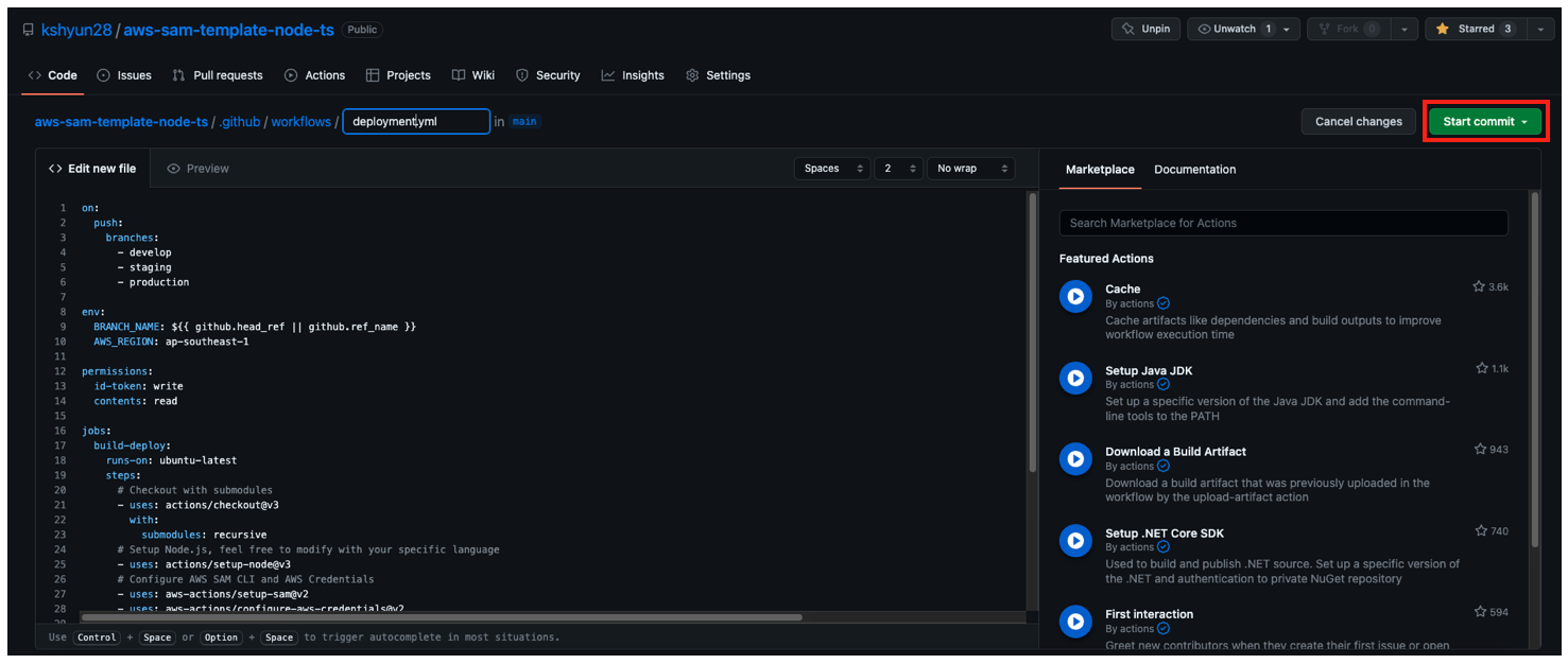 GitHub Actions commit workflow YAML file