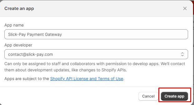 Slick-Pay Shopify Create an app