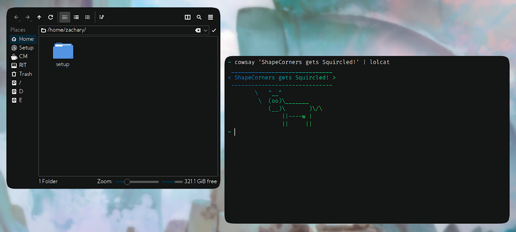 A file browser and a terminal in KDE featuring squircle-ish rounded corners. The terminals shows off colorful ASCII art of a cow saying, 'ShapeCorners gets Squircled!'