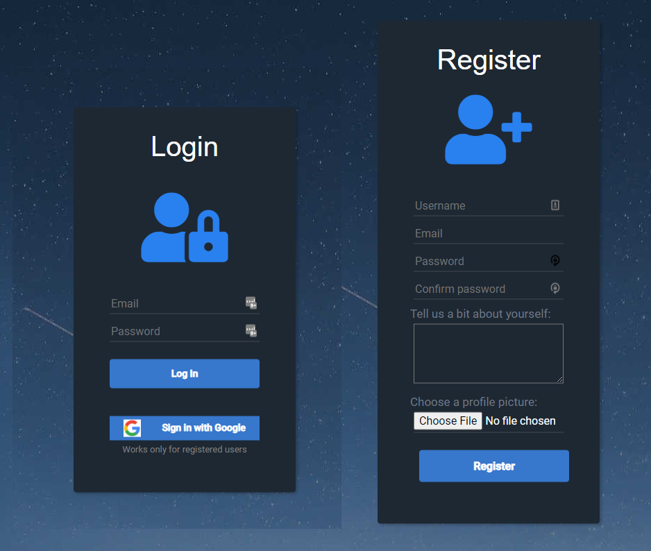 Register/Login pages