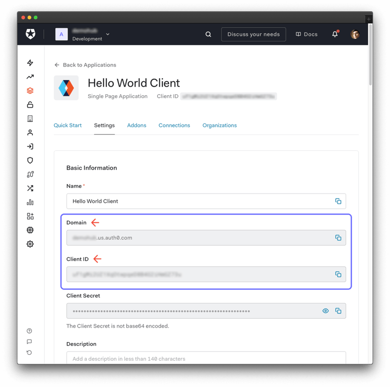 Auth0 application settings to enable user authentication