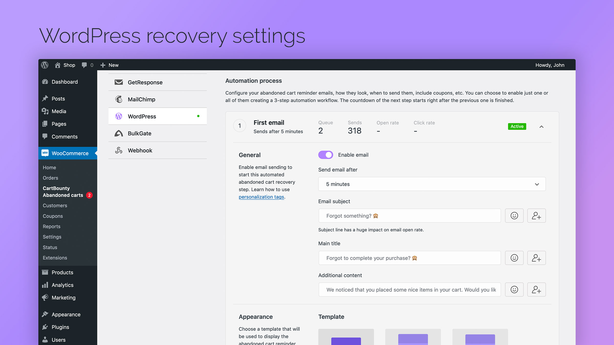 WordPress recovery email preview