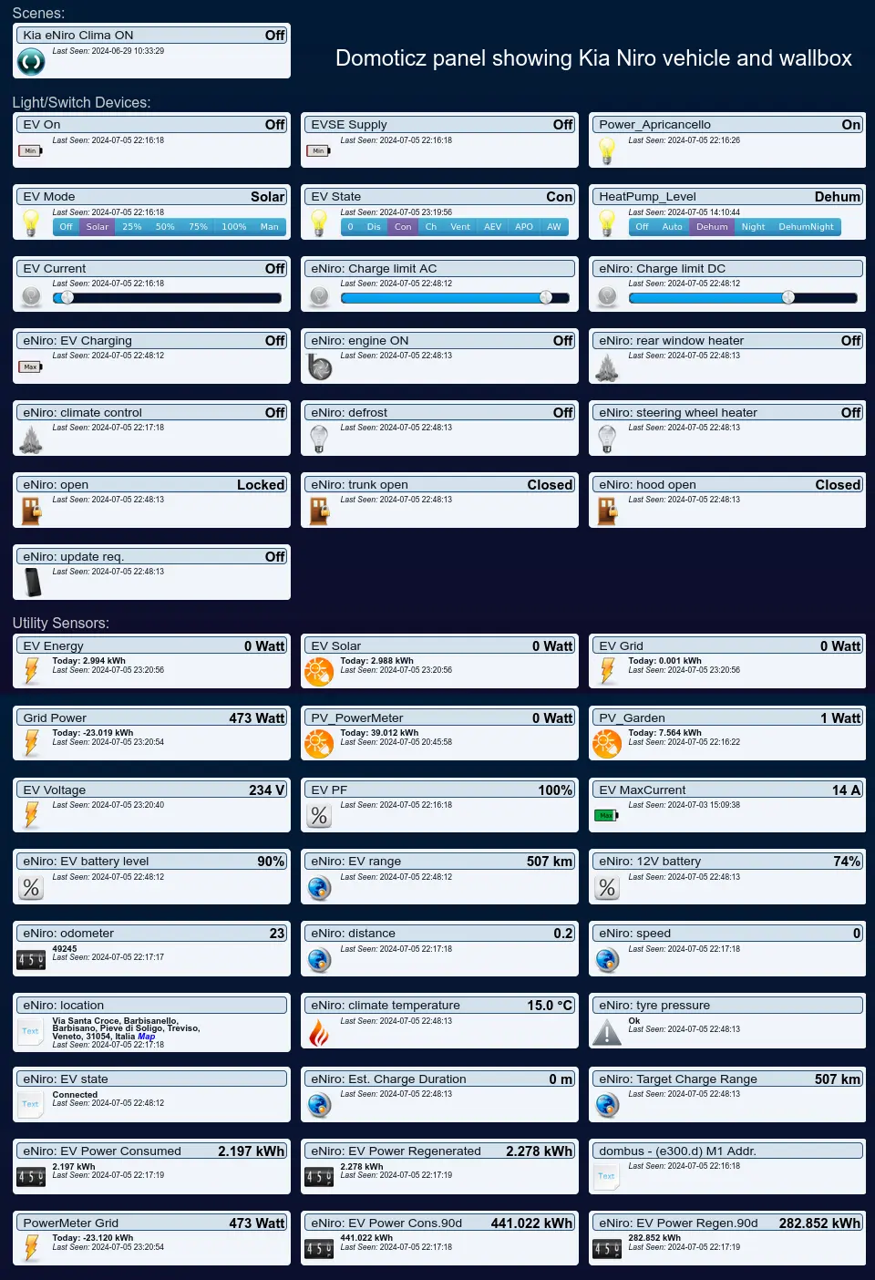 Kia car panel, in Domoticz, with some controls to charge the EV car by Creasol DomBusEVSE