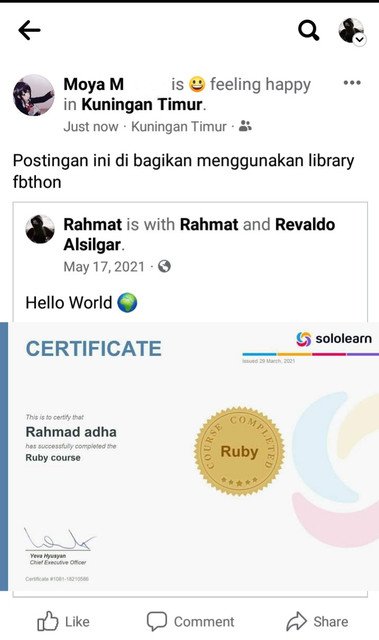 Contoh cara membagikan postingan dengan message,location, dan feeling