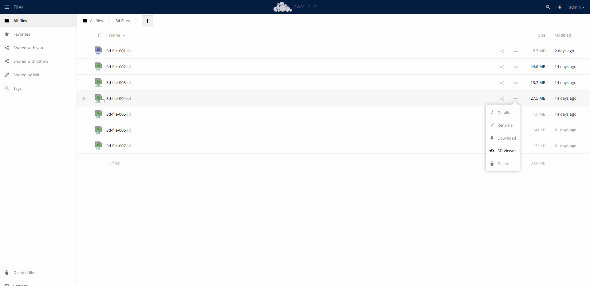 Screenshot 3D file viewer for owncloud context menu