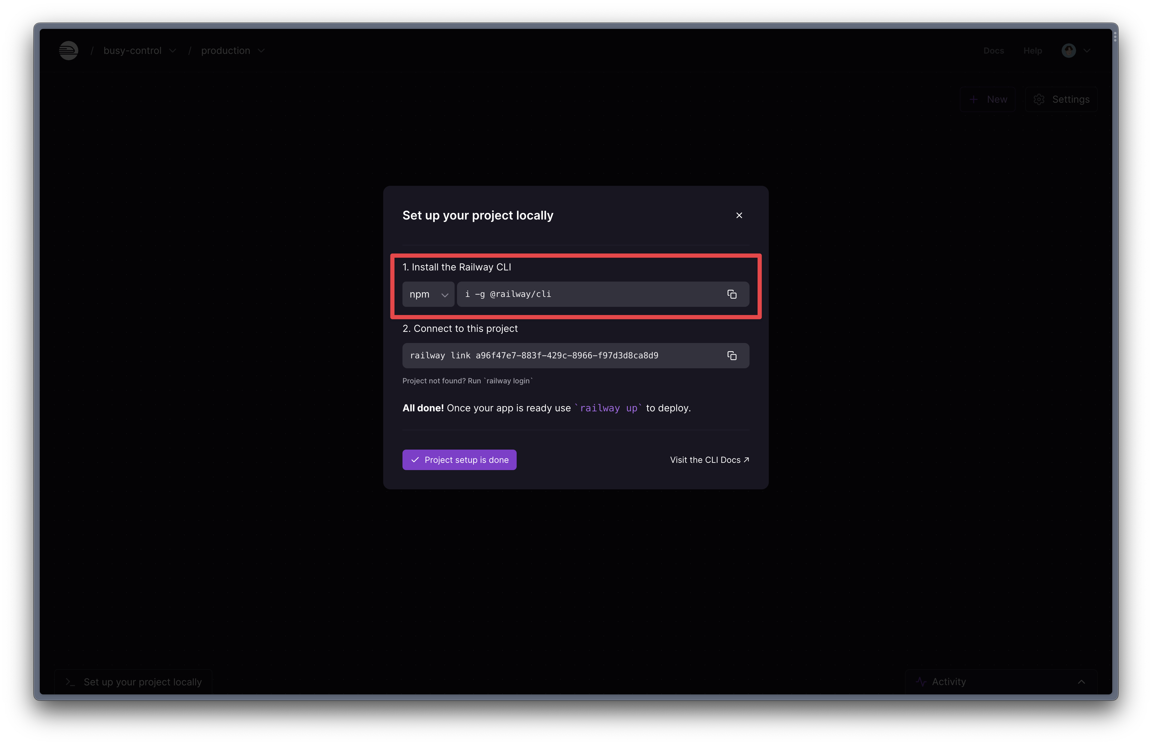 install railway cli by copying and pasting the first command