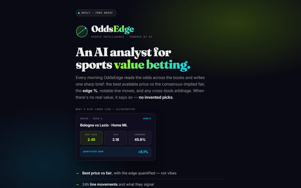 oddsedge.win — an AI analyst for sports value betting: best price vs fair, the edge quantified, no invented picks