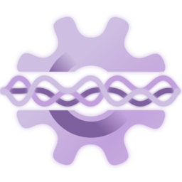 a purple cog, split in the middle along the horizontal axis with a gap inbetween the two halves. three overlayed, offset sinus-like waves travel through that gap. each wave has a different shade of purple