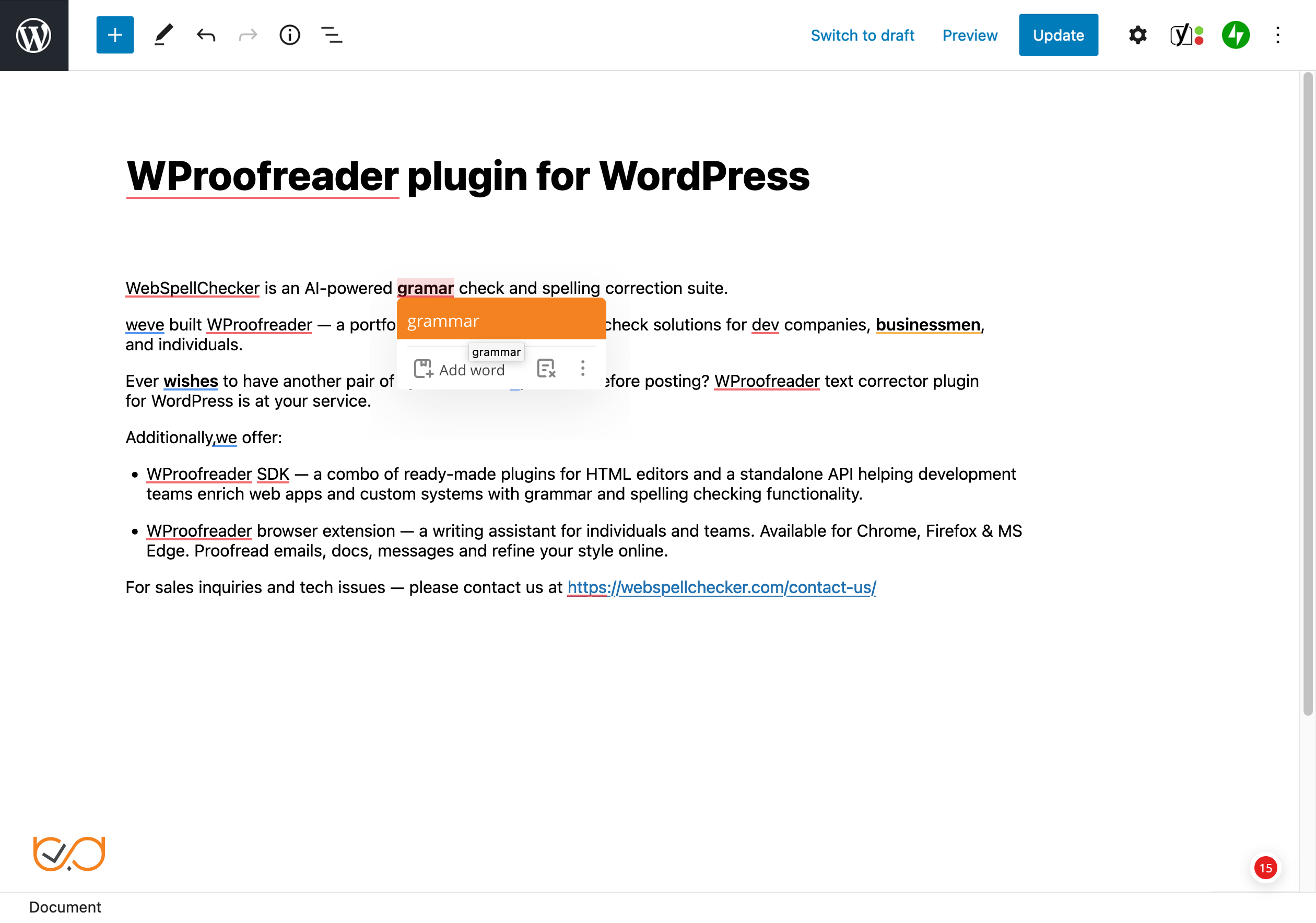 User Interface of WProofreader Plugin for WordPress