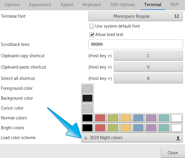 Importing a color scheme - screenshot