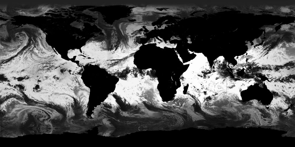 A flat map of Earth with clouds and the Earth's surface in black and the sea in white