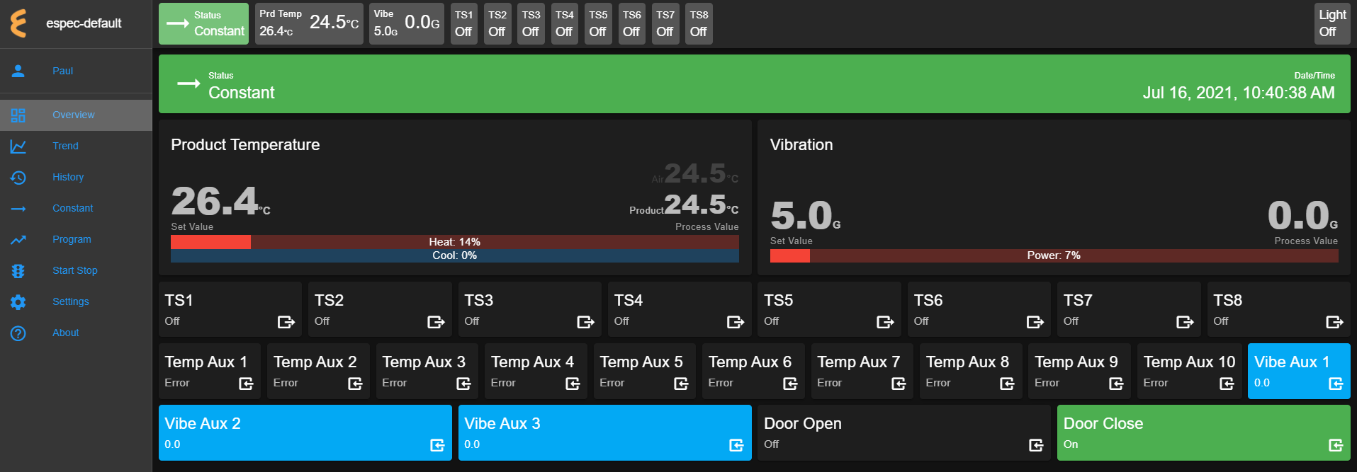 Overview page with chamber in Constant mode