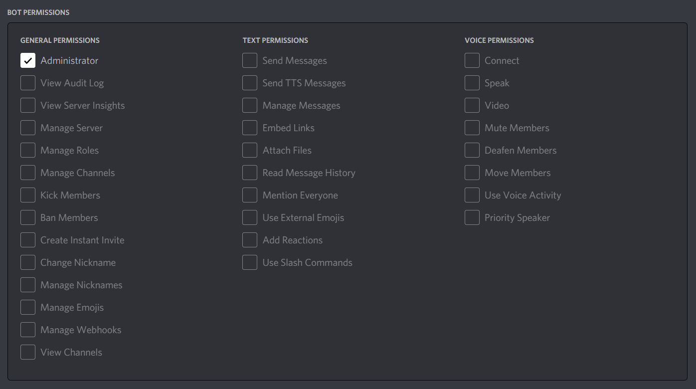 Bot Permissions box