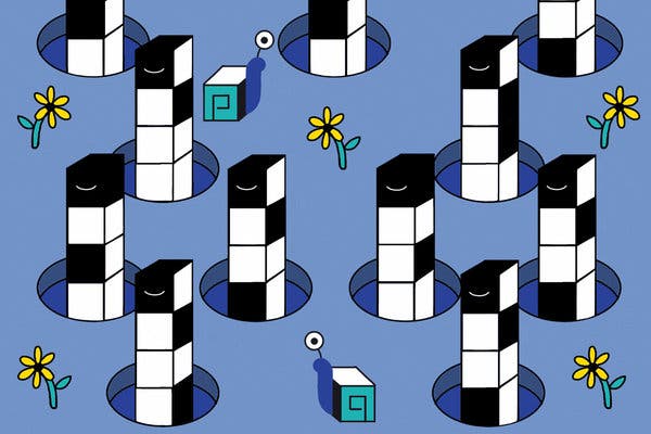 An illustration of several crossword columns popping up from holes in the ground. A pencil pushes some of them down. 