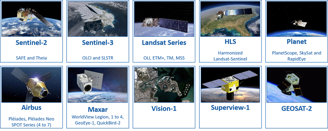 Sentinel-2 SAFE and Theia Sentinel-3 OLCI and SLSTR Landsat 1 to 9 Harmonized Landsat-Sentinel PlanetScope, SkySat and RapidEye Pleiades and Pleiades-Neo SPOT-6/7 and 4/5 Vision-1 Maxar (WorldViews, GeoEye) SuperView-1 GEOSAT-2