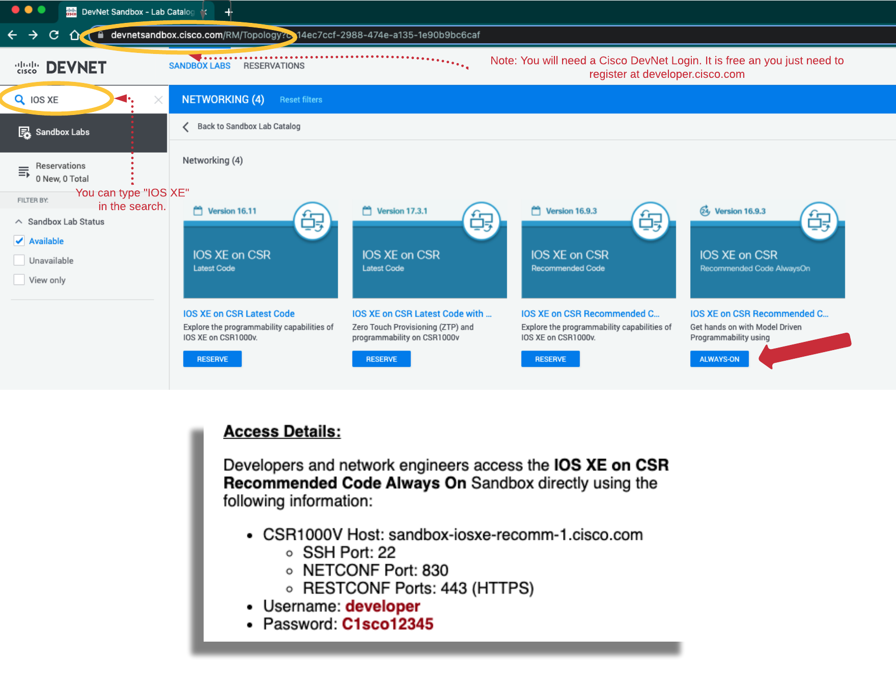 Screenshot information for the "IOS XE on CSR Recommended Code Always On Sandbox