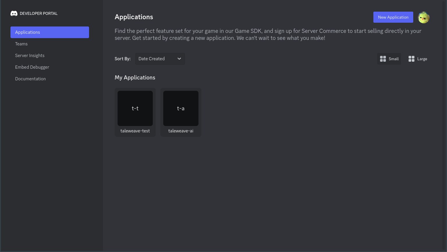 Discord developer portal showing 2 registered apps