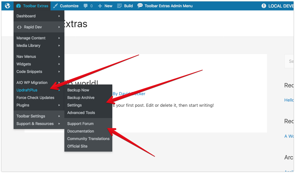 Toolbar Extras - example for "UpdraftPlus" re-hooked from top-level Toolbar to a sub-item