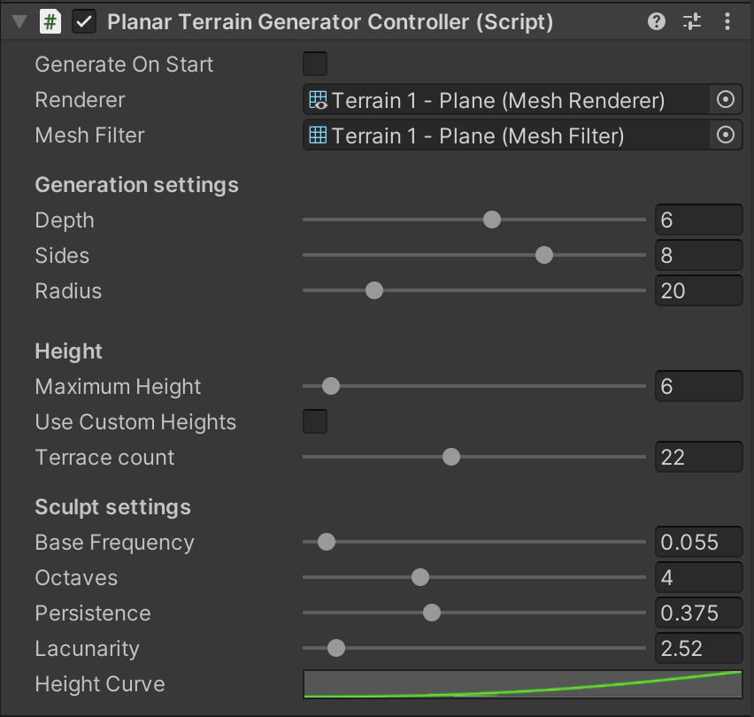 A view of Unity's inspector showing a component called "Planar Terrain Generator Controller" with several fields