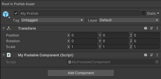 Poolable component prefab inspection screenshot