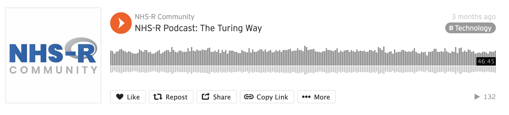 Alt: Screenshot of NHS-R Community page on Soundcloud. Audio file of project with playback button