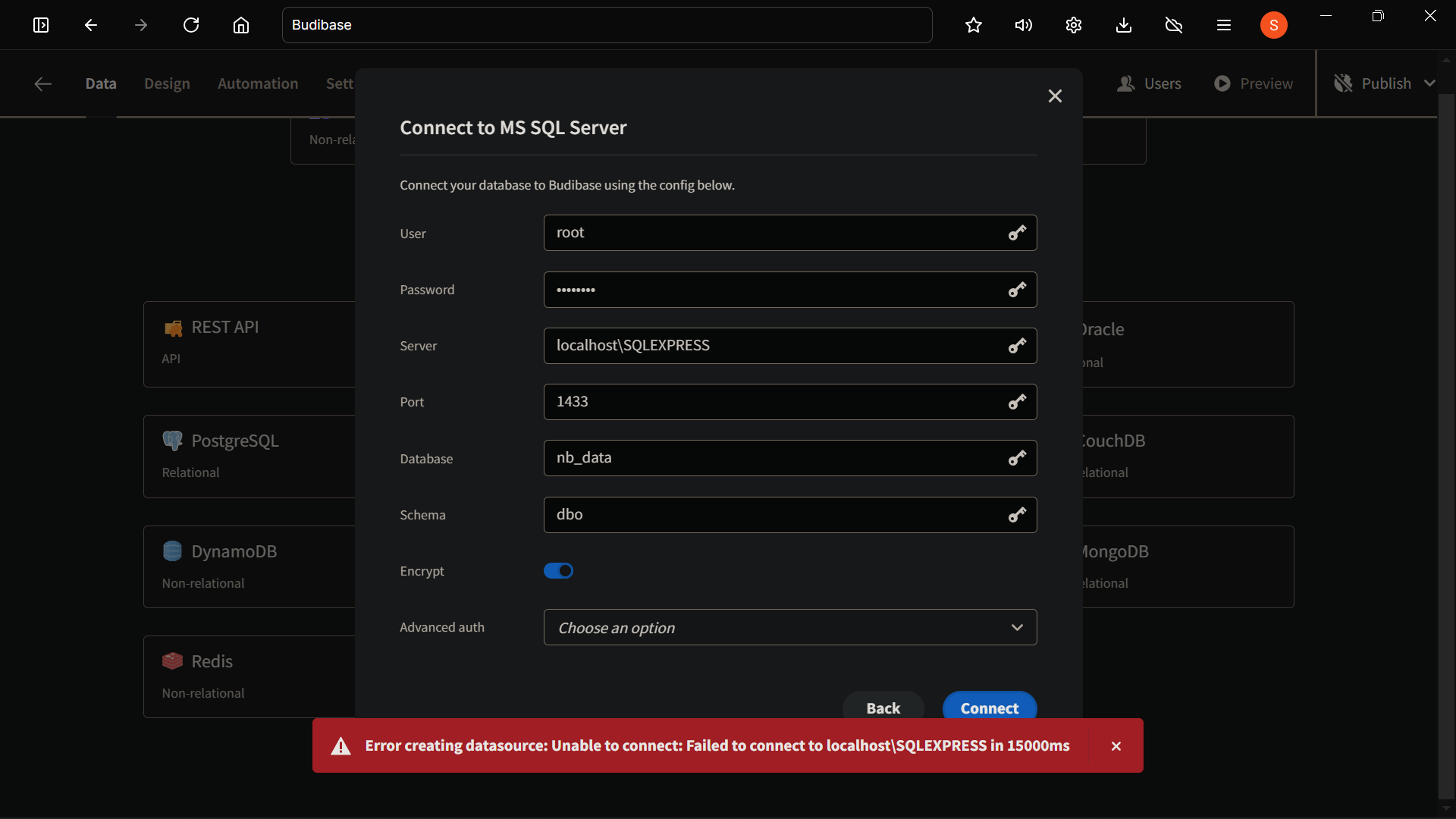 error connecting Budibase to SQL Server