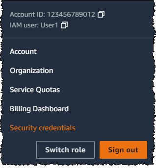 [AWS Management Console Security credentials link]