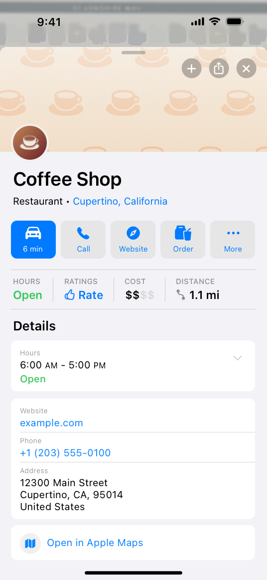 A screenshot of the full callout style place card in a map on iPhone. The place card appears as a sheet from the bottom edge of the device.