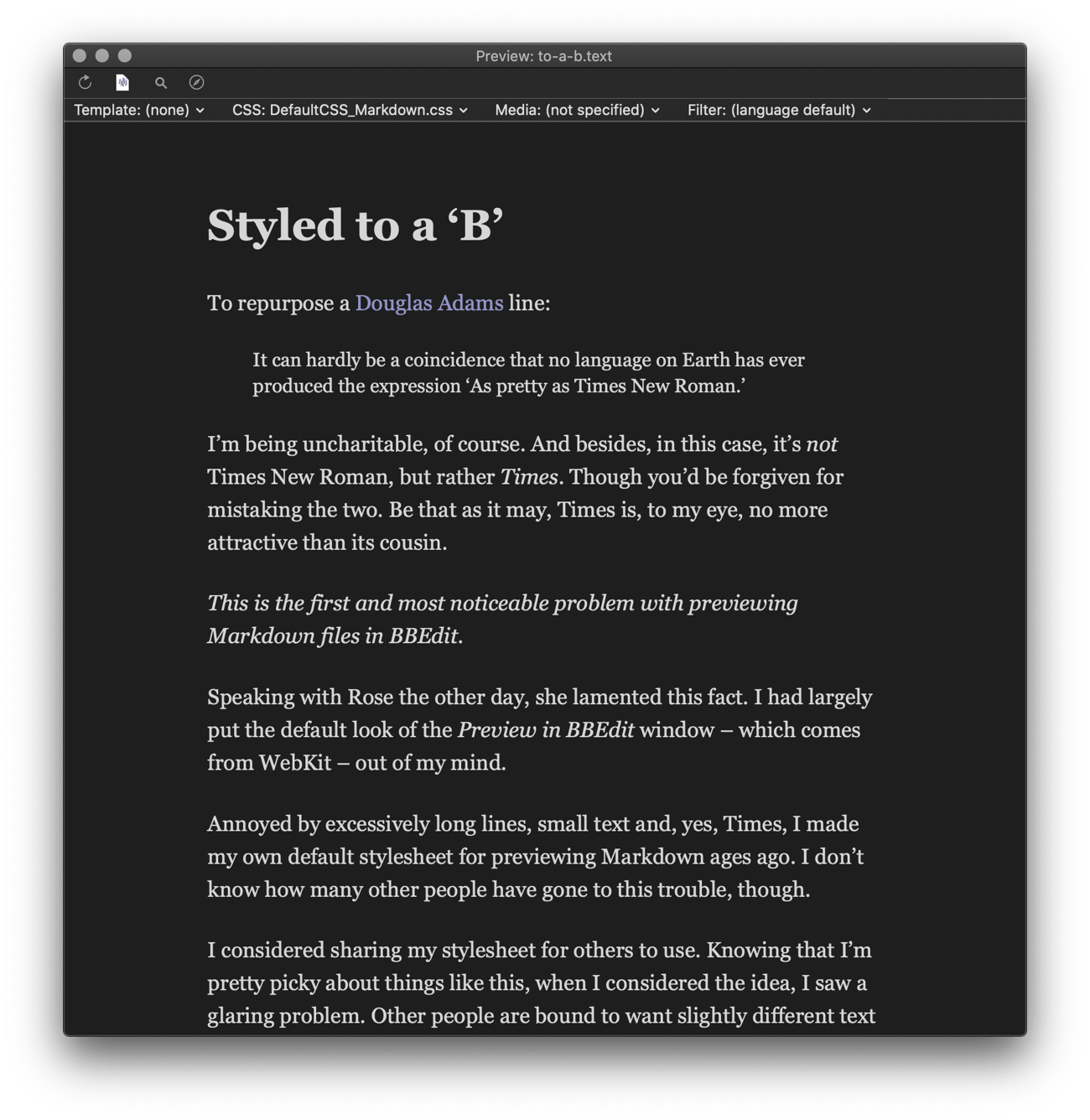 Screenshot of this article previewed using the BBStylish stylesheet, this time using the New York Small font.